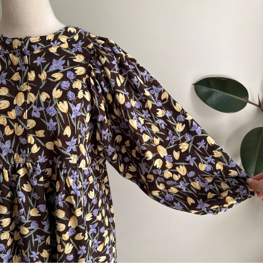 Umgee Corduroy Floral Print Babydoll Mini Dress in Brown M - Picture 7 of 12